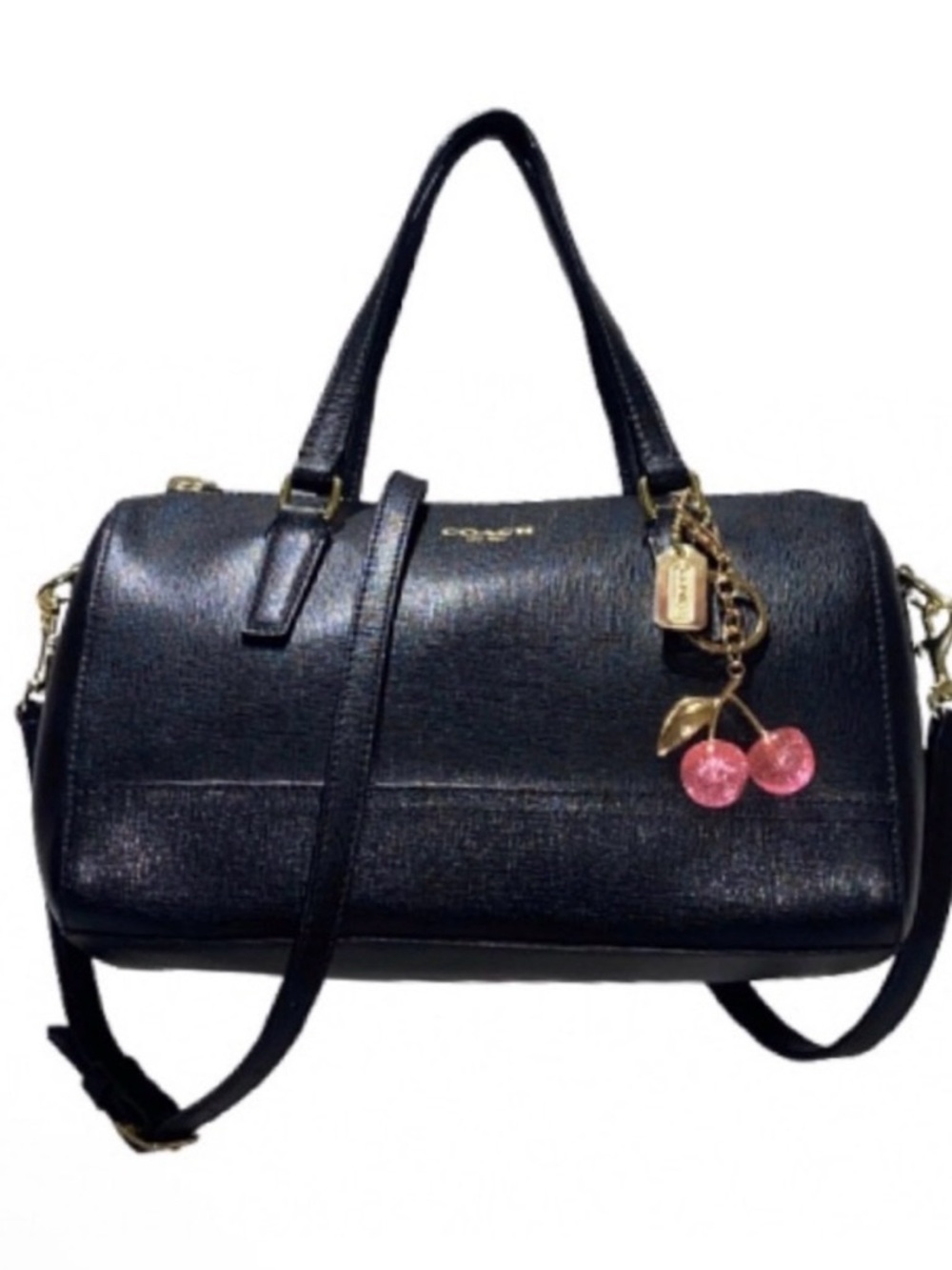 Coach Black Leather Satchel with Cherry Charm